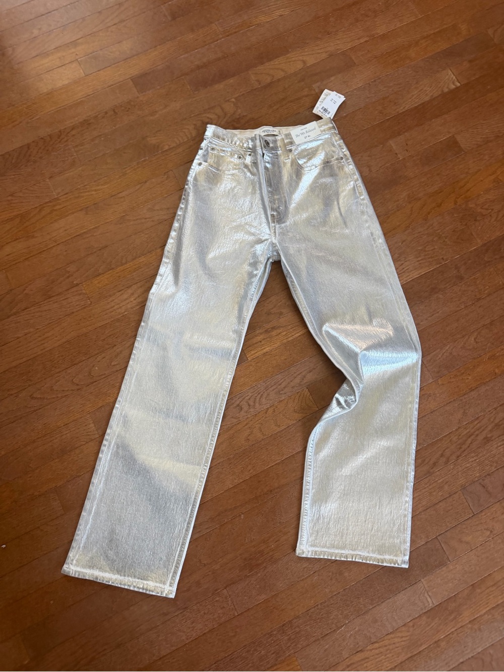 NWT ABERCROMBIE & FITCH JEANS 27/4 90'S RELAXED HIGH RISE WHITE SILVER COATED